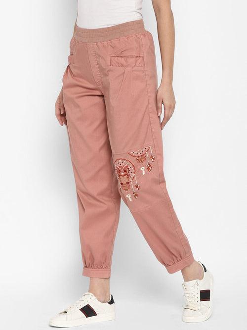 Pink Embroidered Yarn Dyed Woven Cargo Pants