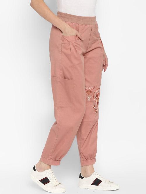 Pink Embroidered Yarn Dyed Woven Cargo Pants