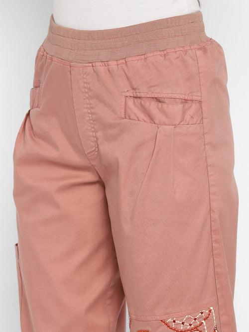 Pink Embroidered Yarn Dyed Woven Cargo Pants