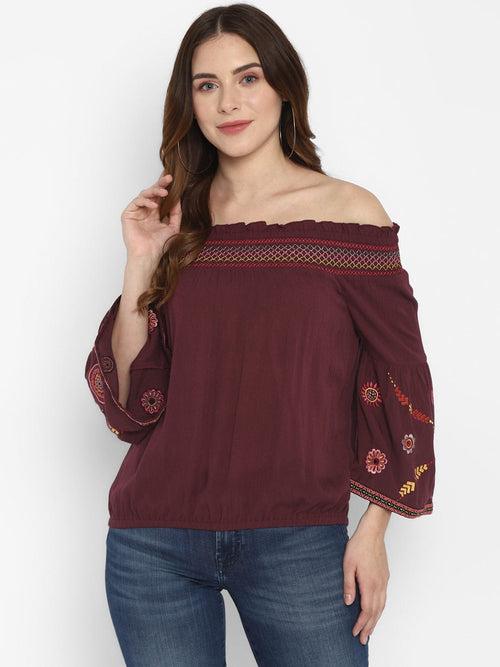 Wine Embroidered Rayon Crepe Top
