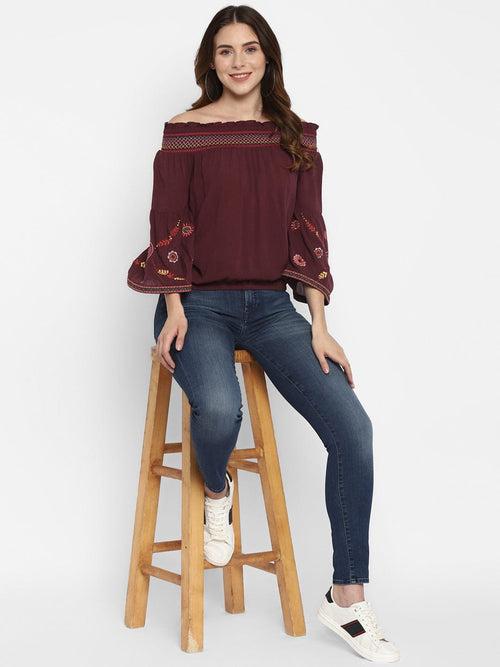 Wine Embroidered Rayon Crepe Top