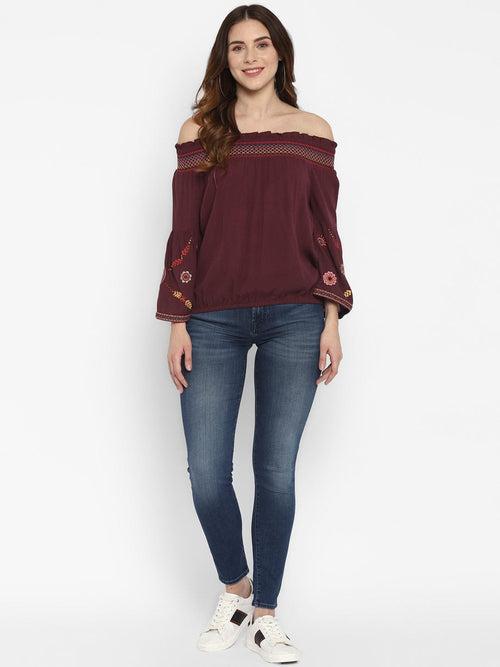 Wine Embroidered Rayon Crepe Top