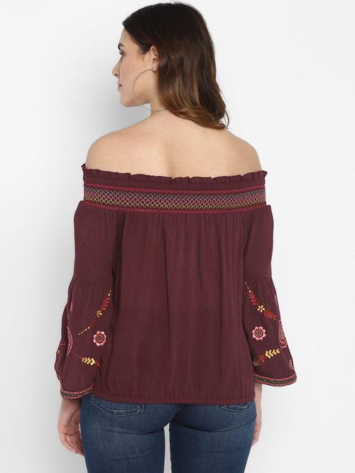 Wine Embroidered Rayon Crepe Top