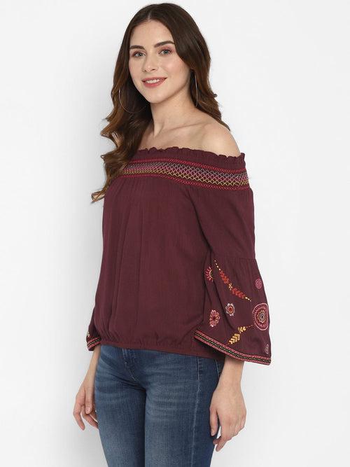 Wine Embroidered Rayon Crepe Top