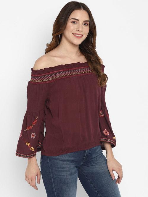 Wine Embroidered Rayon Crepe Top