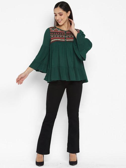 Green Embroidered Rayon Crepe Top