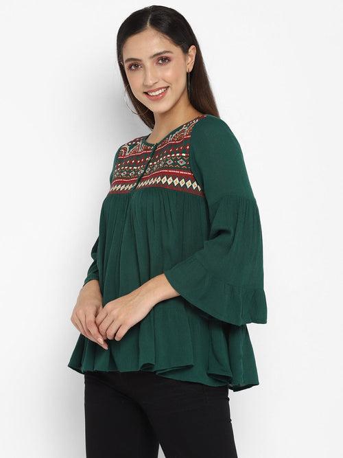 Green Embroidered Rayon Crepe Top