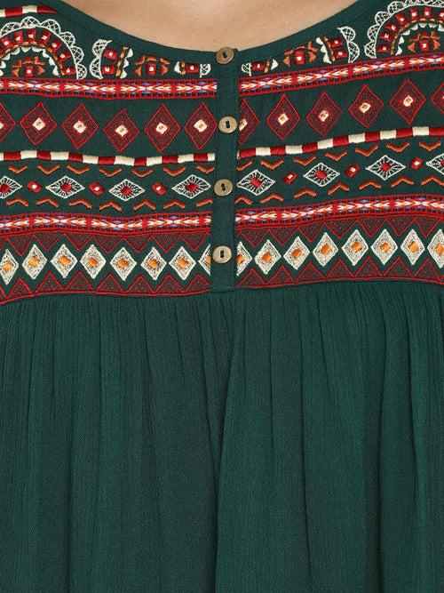 Green Embroidered Rayon Crepe Top