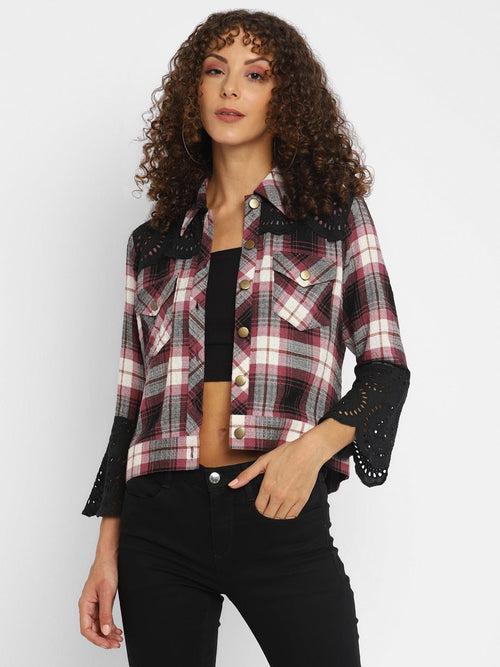 Wine Plaid Checks Yarn Dyed Cotton Jacket