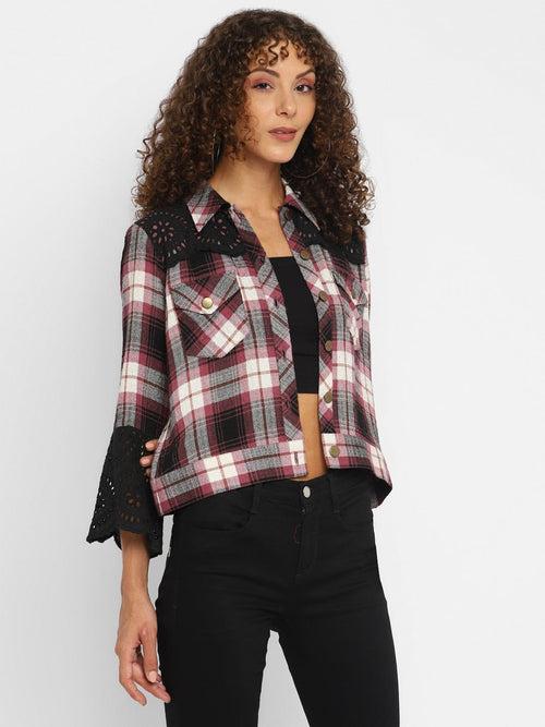 Wine Plaid Checks Yarn Dyed Cotton Jacket