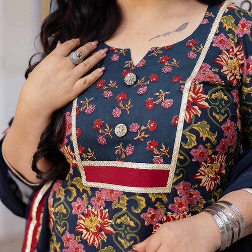 Navy Rose Bouquet Floral Cotton Kurta