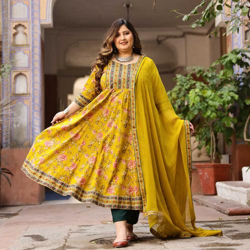 Sunehri Apsara - Mustard Yellow Floral Cotton Anarkali