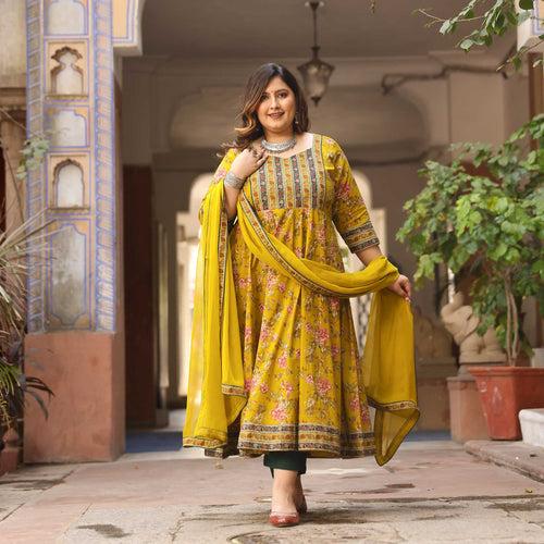 Sunehri Apsara - Mustard Yellow Floral Cotton Anarkali