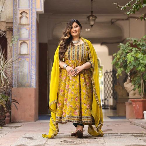 Sunehri Apsara - Mustard Yellow Floral Cotton Anarkali