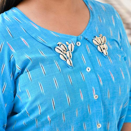 Aasmani Handwoven Ikkat Embroidered Shirt (Skyblue)