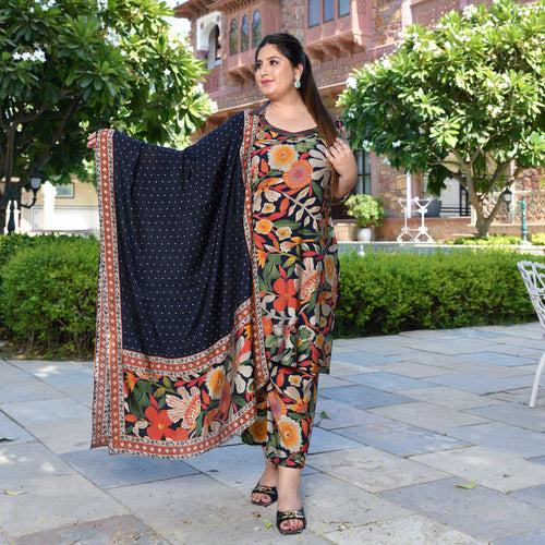 Bloom In Black Floral Modal Co-ord Set With Stole Dupatta