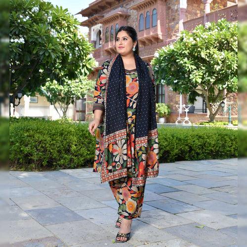 Bloom In Black Floral Modal Co-ord Set With Stole Dupatta