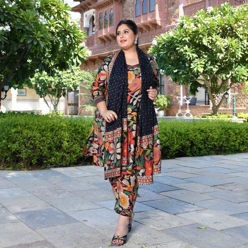 Bloom In Black Floral Modal Co-ord Set With Stole Dupatta