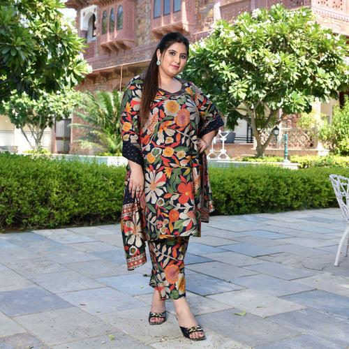 Bloom In Black Floral Modal Co-ord Set With Stole Dupatta