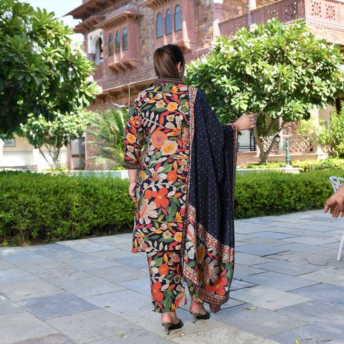 Bloom In Black Floral Modal Co-ord Set With Stole Dupatta