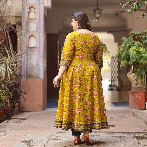 Sunehri Apsara - Mustard Yellow Floral Cotton Anarkali