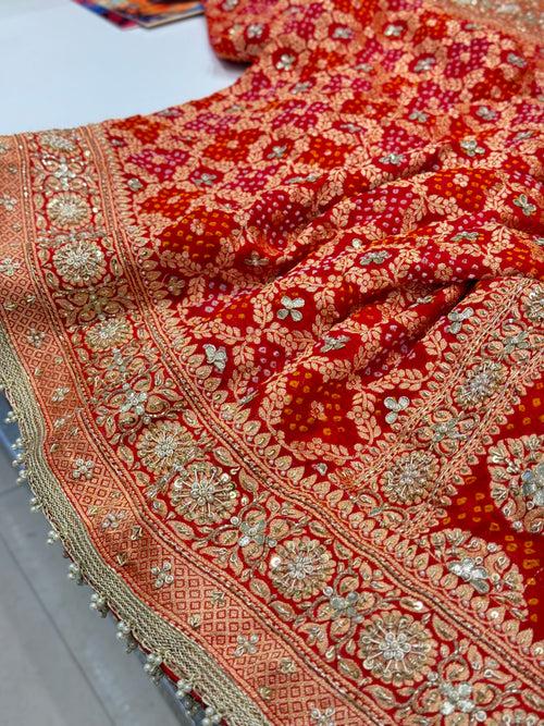 Red Bandhej Hand Embroidery Saree