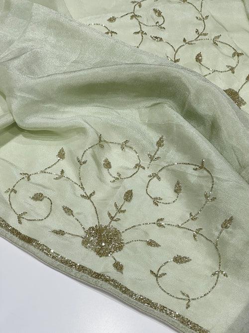 Pista Green Tissue Hand Embroidery Saree