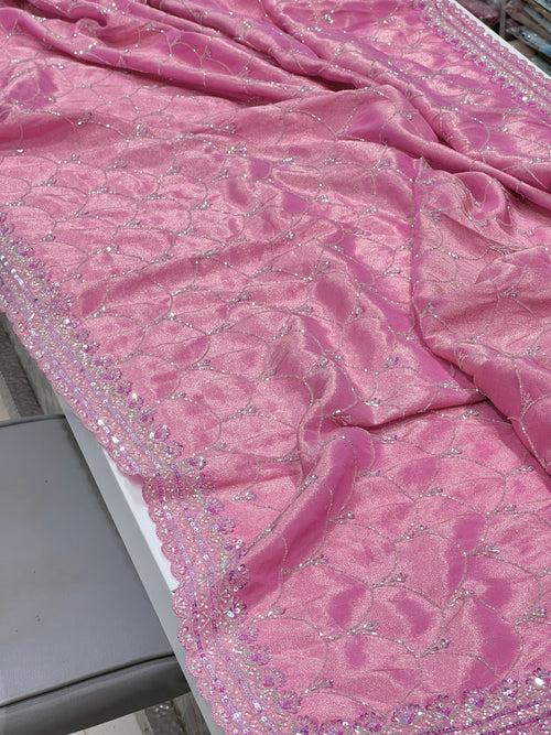 Baby Pink Tissue Crepe Hand Embroidery Saree