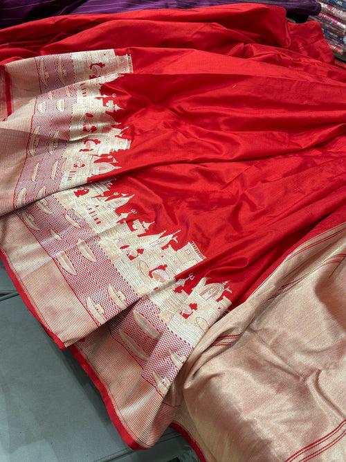 Red Banarasi Handloom Kashi Ganga Ghat Saree