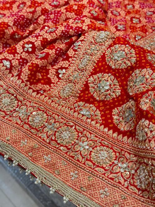 Red Bandhej Hand Embroidery Saree