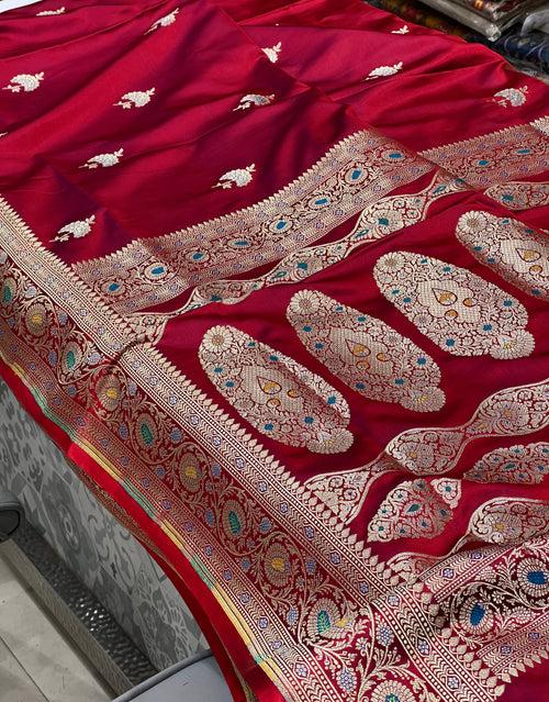 Dark Crimson Red Banarasi Silk Meenakari Saree