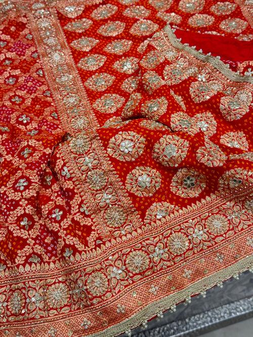 Red Bandhej Hand Embroidery Saree