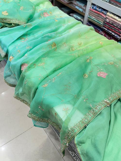 Green Shaded Organza Hand Embroidery Saree