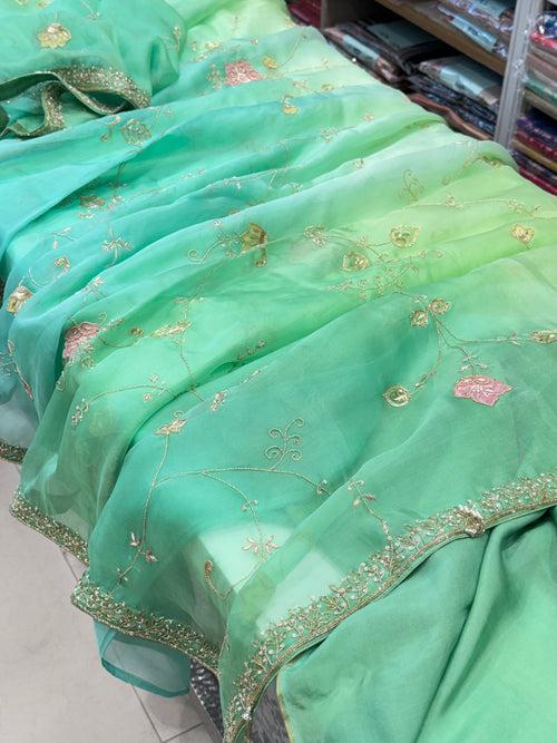 Green Shaded Organza Hand Embroidery Saree