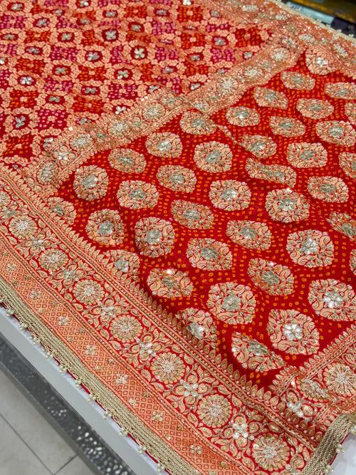 Red Bandhej Hand Embroidery Saree