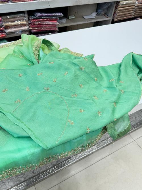 Green Shaded Organza Hand Embroidery Saree