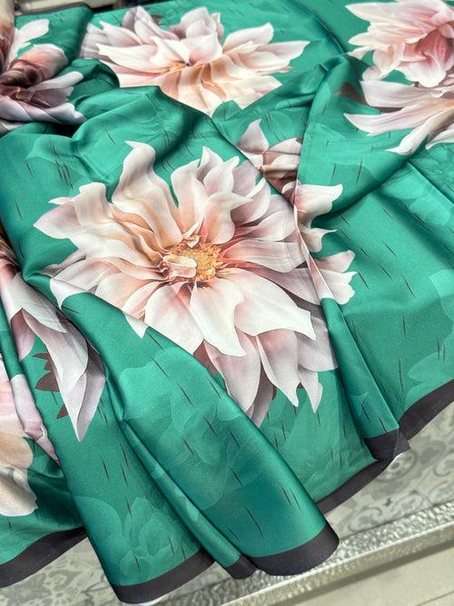 Green Satin Printed Saree