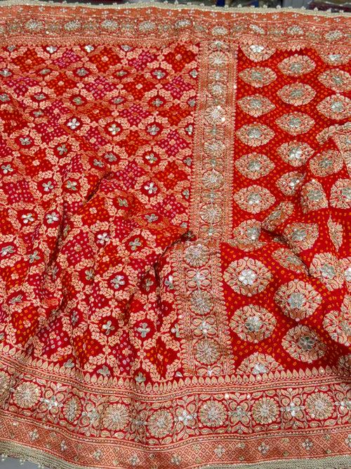 Red Bandhej Hand Embroidery Saree