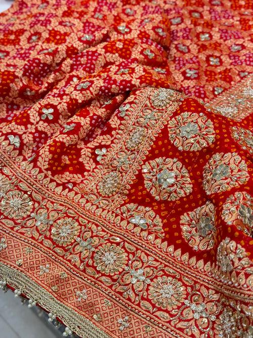 Red Bandhej Hand Embroidery Saree