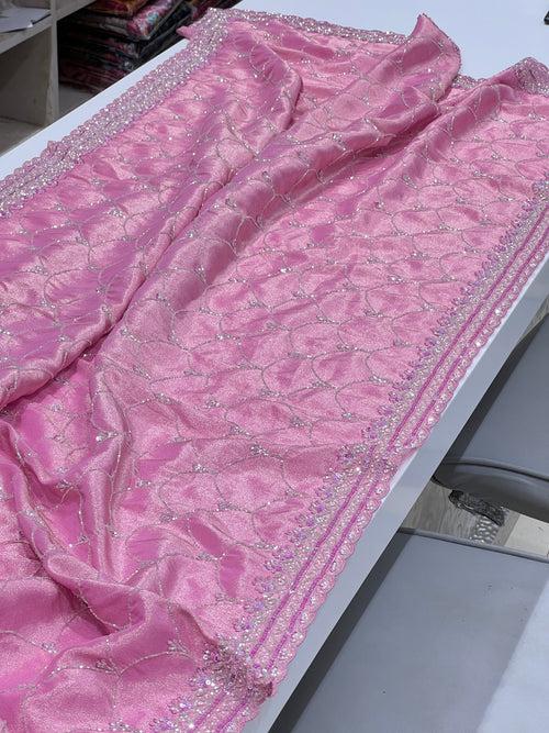 Baby Pink Tissue Crepe Hand Embroidery Saree