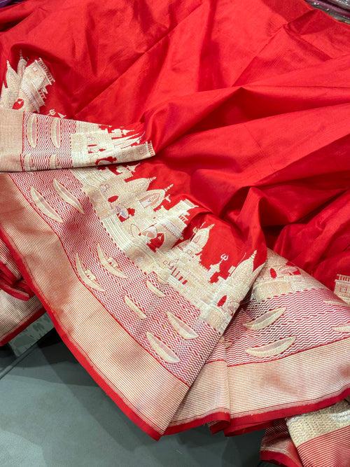 Red Banarasi Handloom Kashi Ganga Ghat Saree