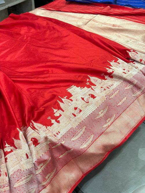 Red Banarasi Handloom Kashi Ganga Ghat Saree