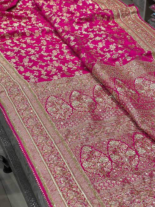 Rani Banarasi Silk Jaal Zardosi Embroidery Saree