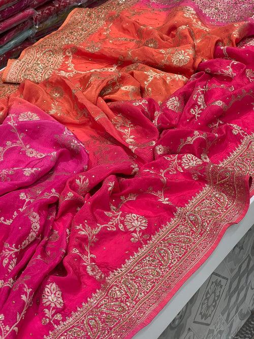 Shaded Chiffon Jaal Hand Embroidery Saree