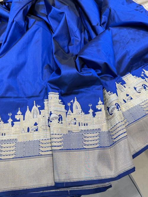 Blue Handloom Banarasi Kashi Ganga Ghat Saree