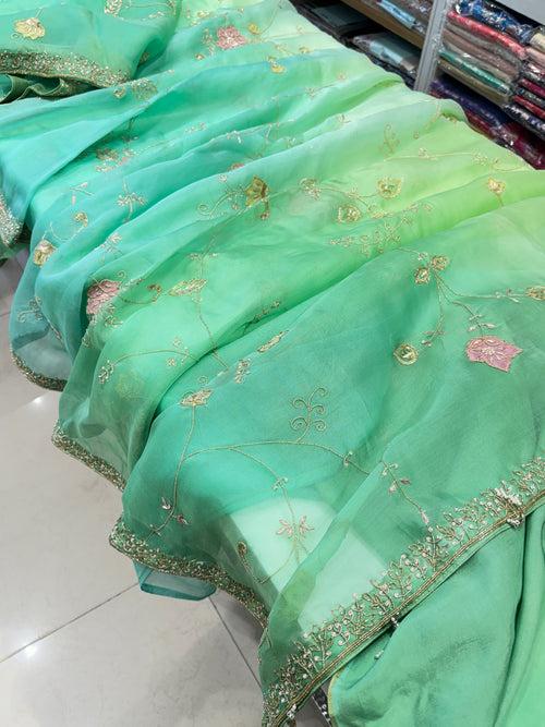 Green Shaded Organza Hand Embroidery Saree