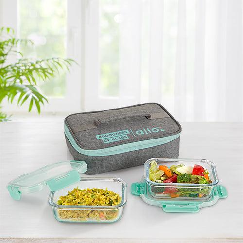 370ml x 2 Allo FoodSafe Microwave Oven Safe Glass Lunch box with Break Free Detachable Lock with Canvas Grey Bag Tiffin