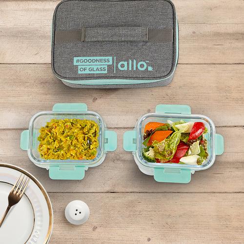 370ml x 2 Allo FoodSafe Microwave Oven Safe Glass Lunch box with Break Free Detachable Lock with Canvas Grey Bag Tiffin