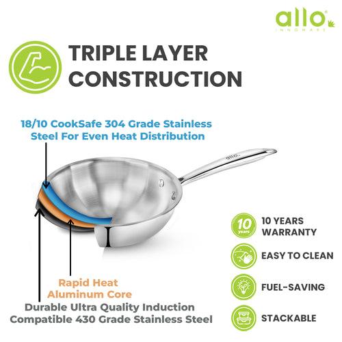 2L Allo CookSafe TriPly Wok | Stainless Steel | Induction Friendly | 22cm