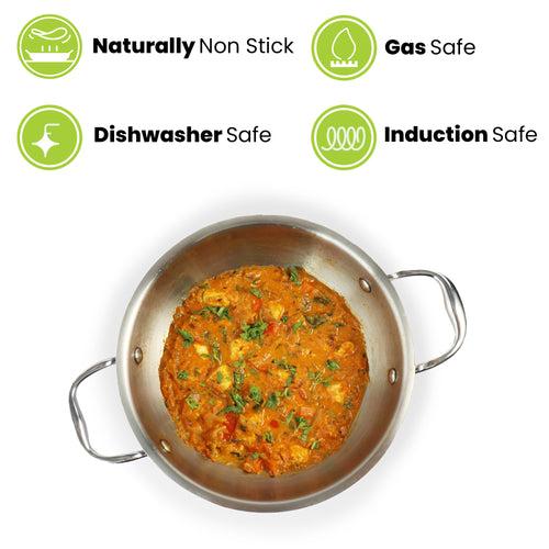 4L Allo CookSafe TriPly Kadhai | Stainless Steel | With Stainless Steel Lid | Induction Friendly | Naturally Non-stick | 28cm